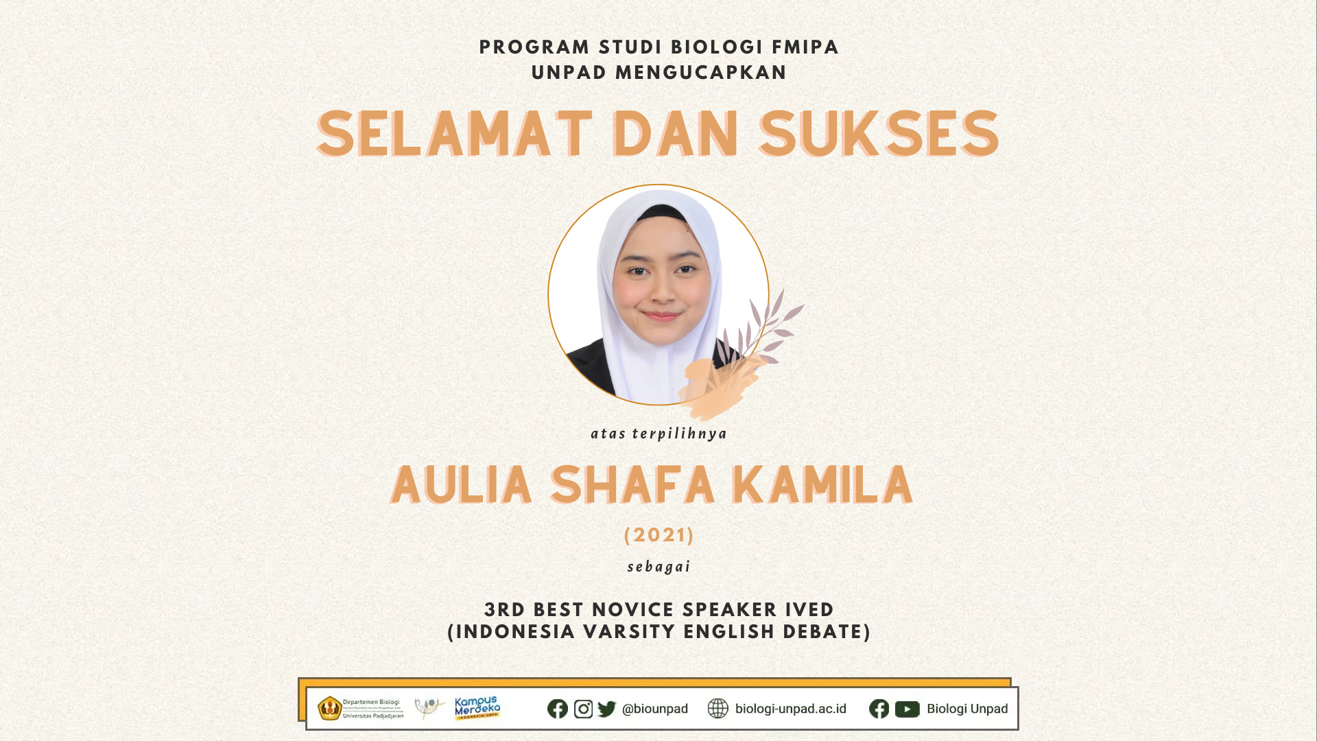 Aulia Shafa Kamila, meraih 3nd Best Novice Speaker Ived (Indonesia ...